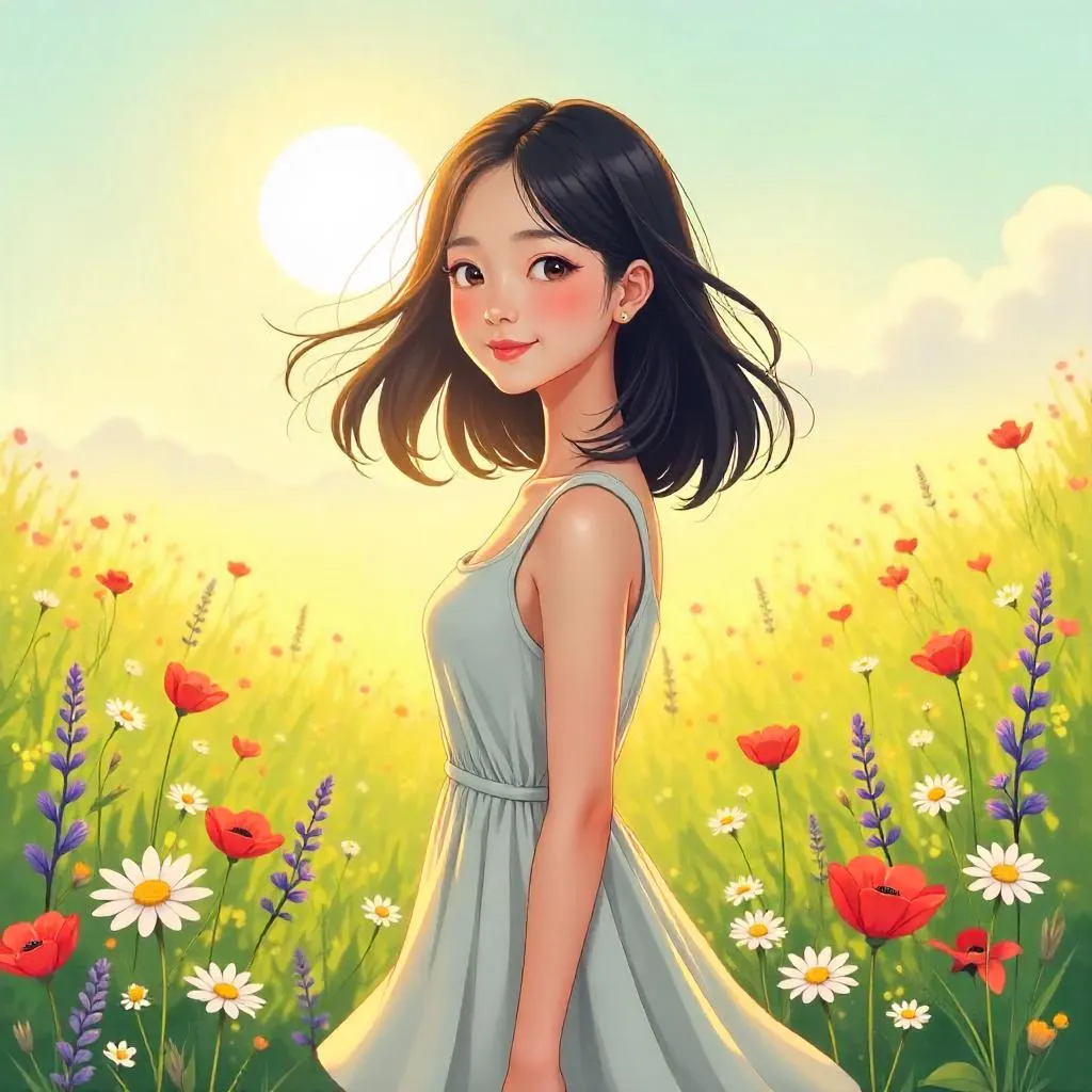 Anime Style: Young Asian Woman in a Field of Flowers
