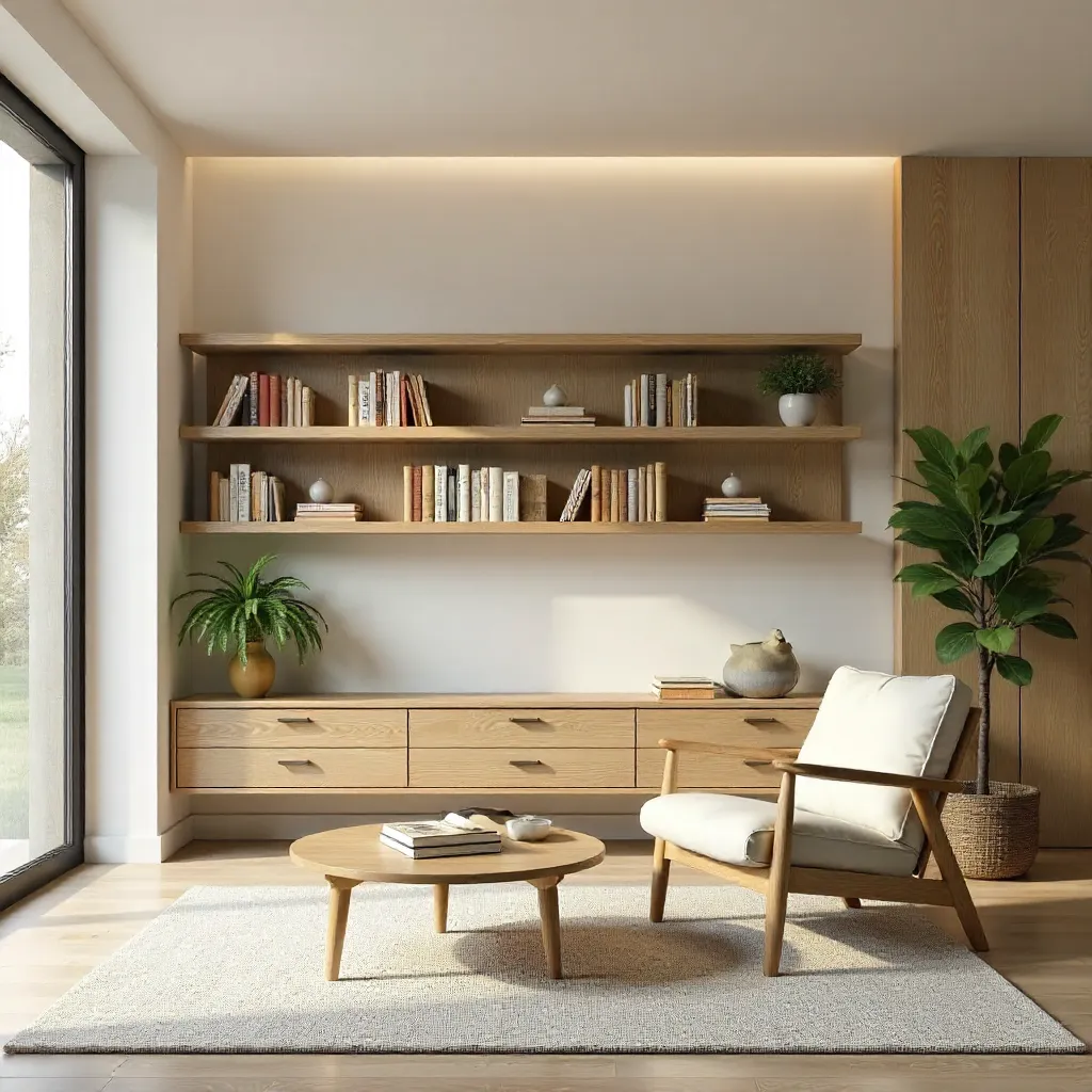 Minimalist Living Room: Books on Wall Shelves & Modern Wood Furniture