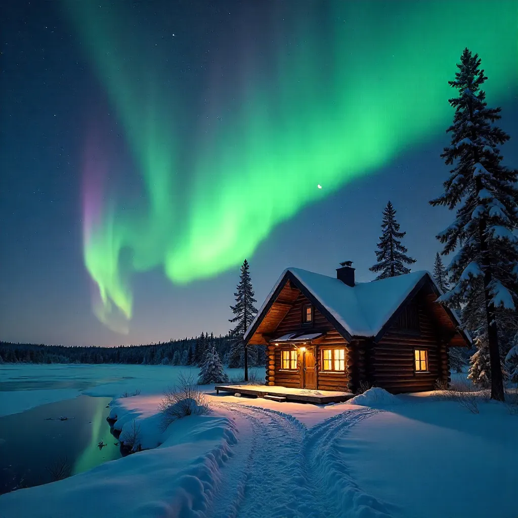 Starlit Aurora Over a Kiruna Snow-Covered Cabin