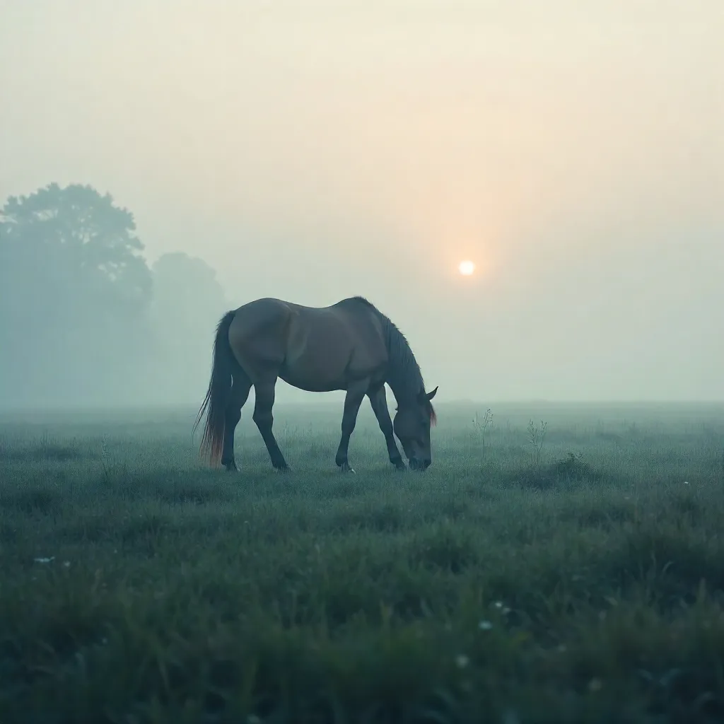 Mist-Laden Meadow: A Lone Grazing Horse
