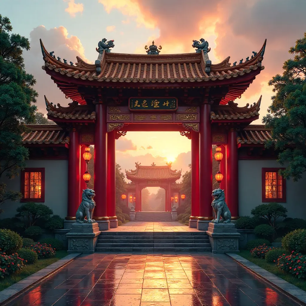 Vibrant Chinese Temple Gate at Sunset