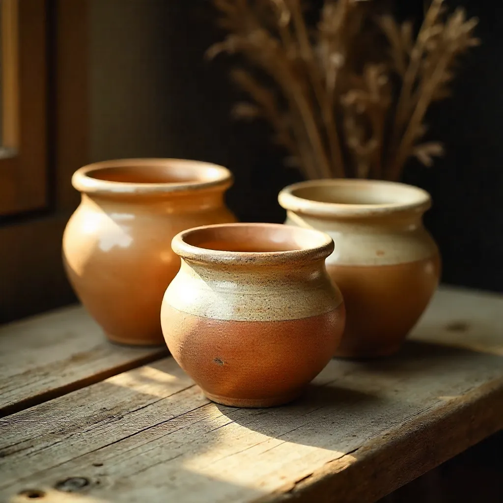 Three Rustic Ceramic Pots in Warm Vintage Light