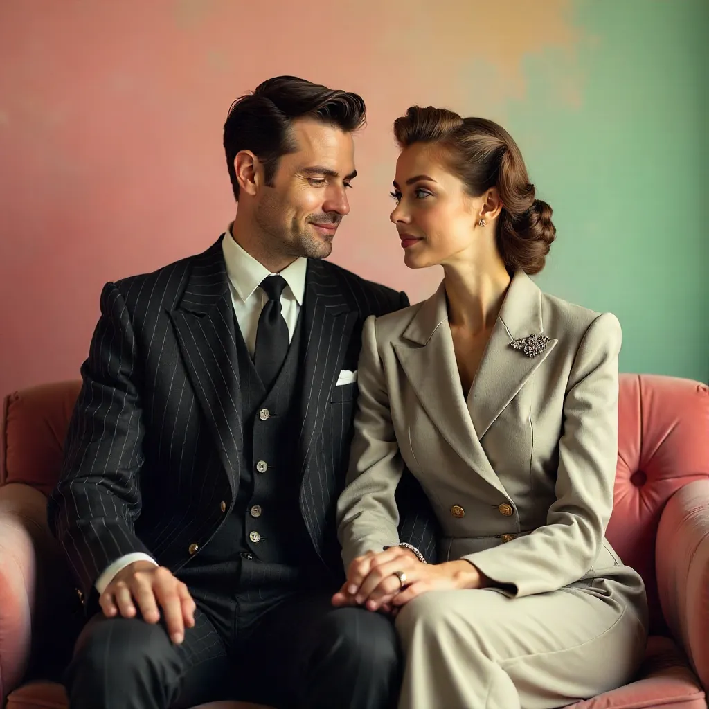 Elegant Vintage-Suited Couple Against Pastel Backdrop
