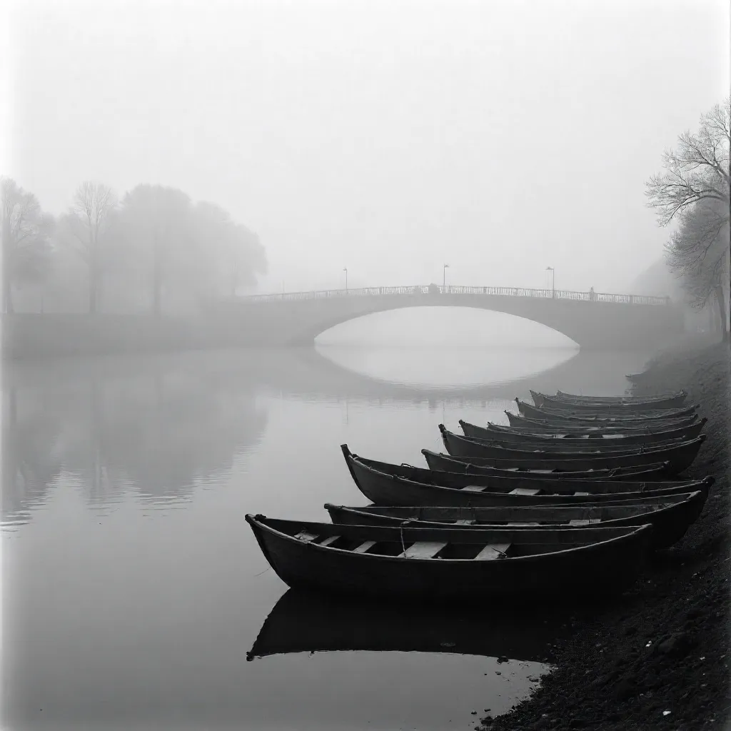 Serene Mono Boats by Foggy Riverside Bridge
