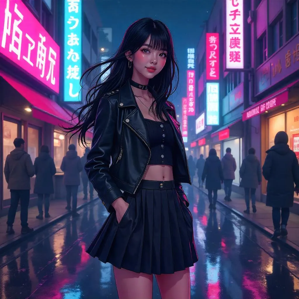 Neon Night Street: Anime Asian Woman in Style