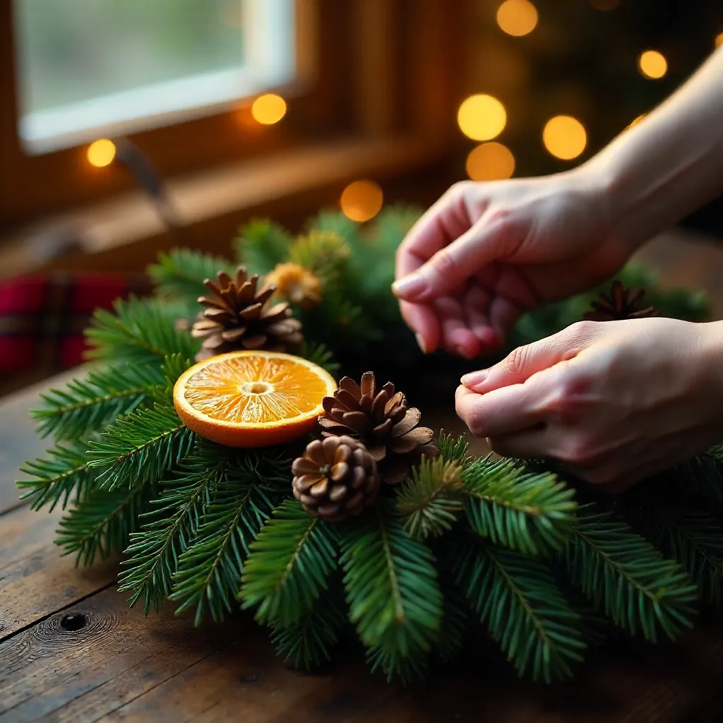 Hands Crafting a Christmas Wreath with Oranges and Pinecones