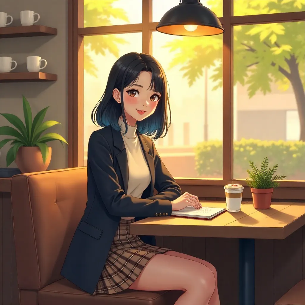 Stylish Asian Girl in a Cozy Cafe - Anime Style