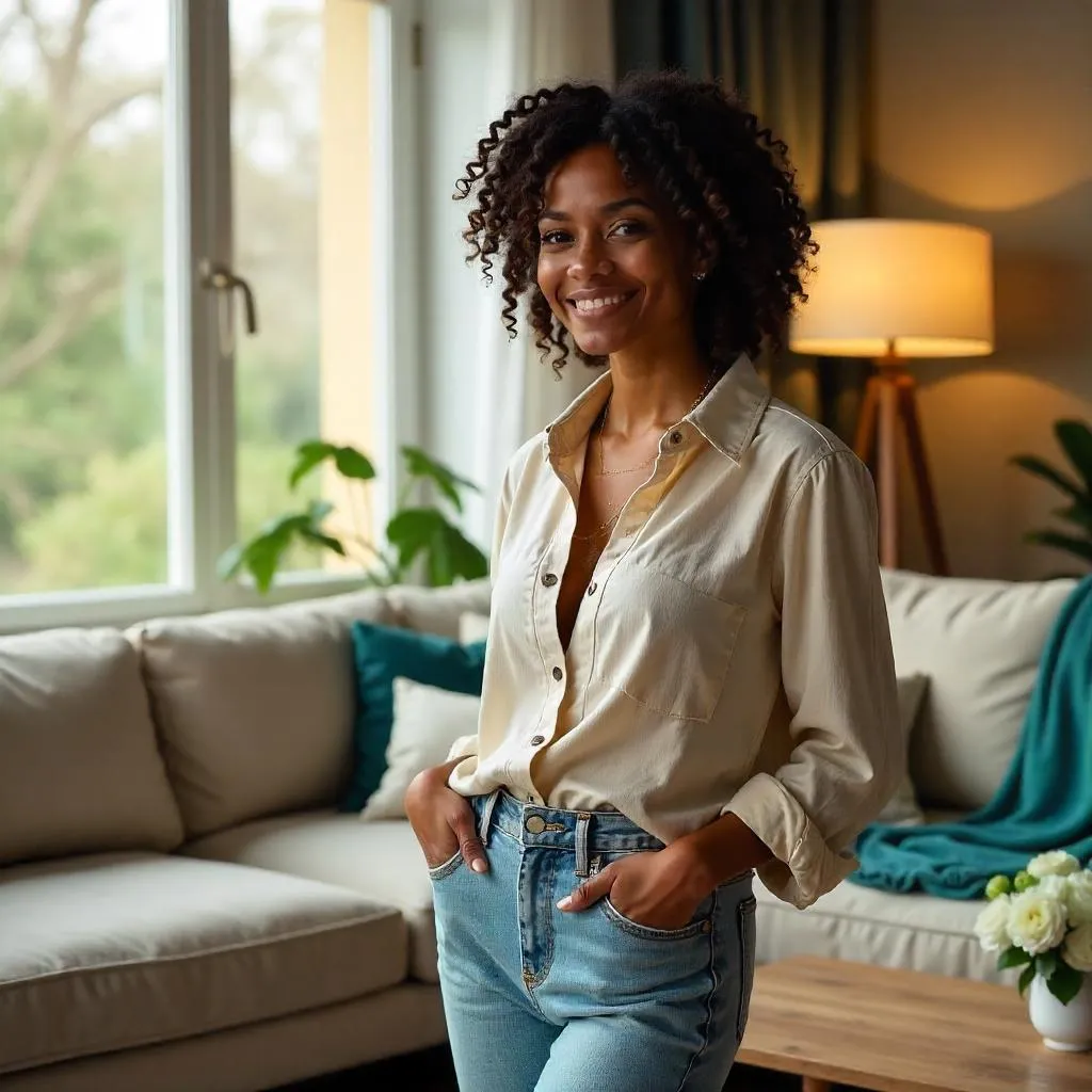 Radiant Black Woman in a Cozy Living Room