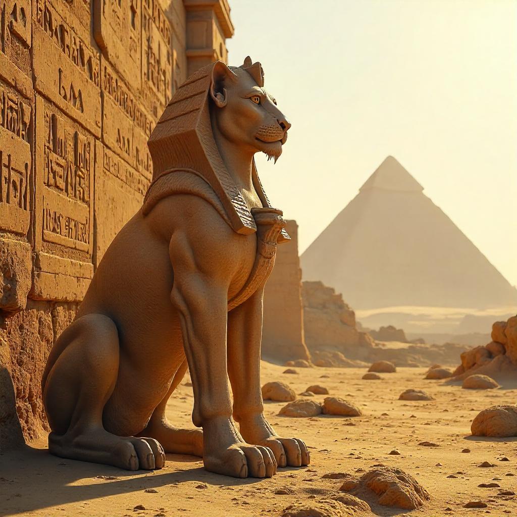 Sphinx amid Desert Temple Ruins at Golden Hour