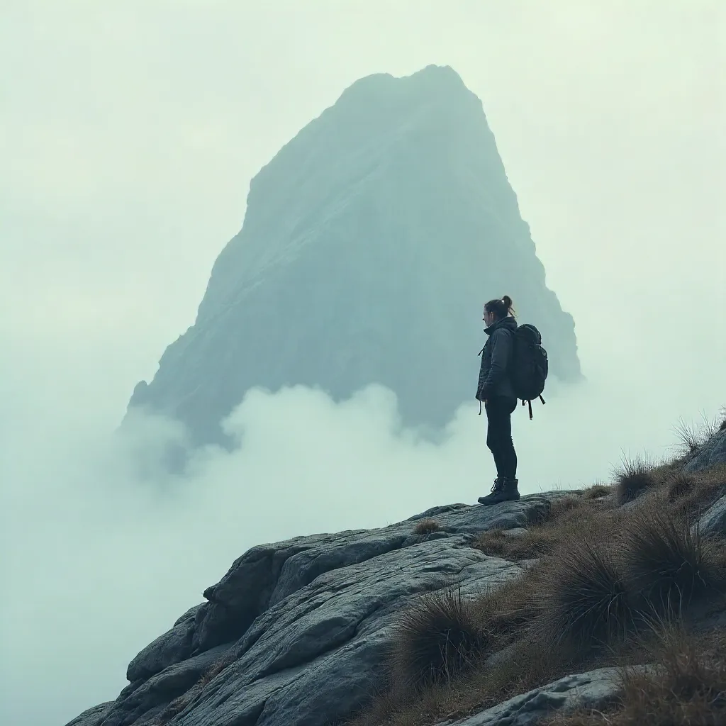 Side View of Anonymous Female Traveler Beneath Cliff in Fog