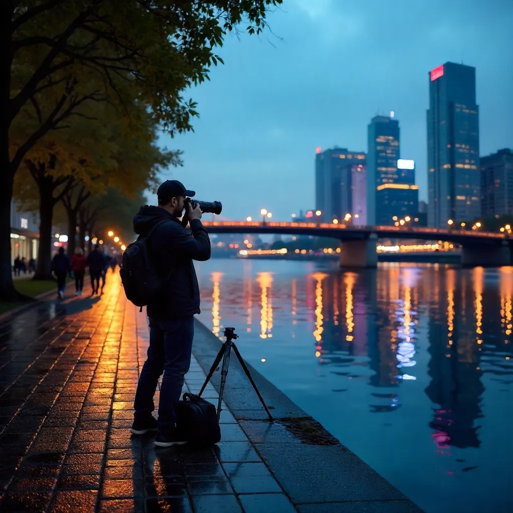 Riverside Photographer in a Cityscape at Blue Hour
