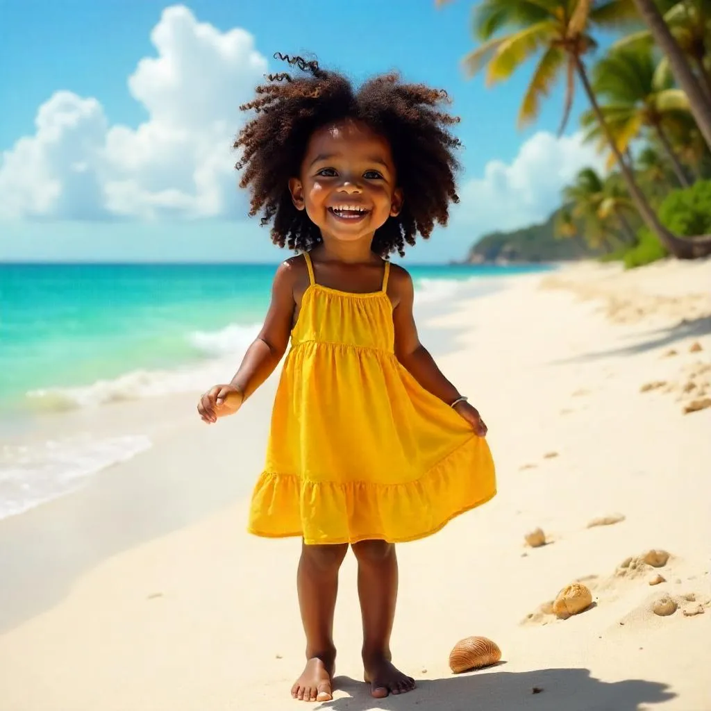 Cheerful Black Girl on a Sunlit Beach