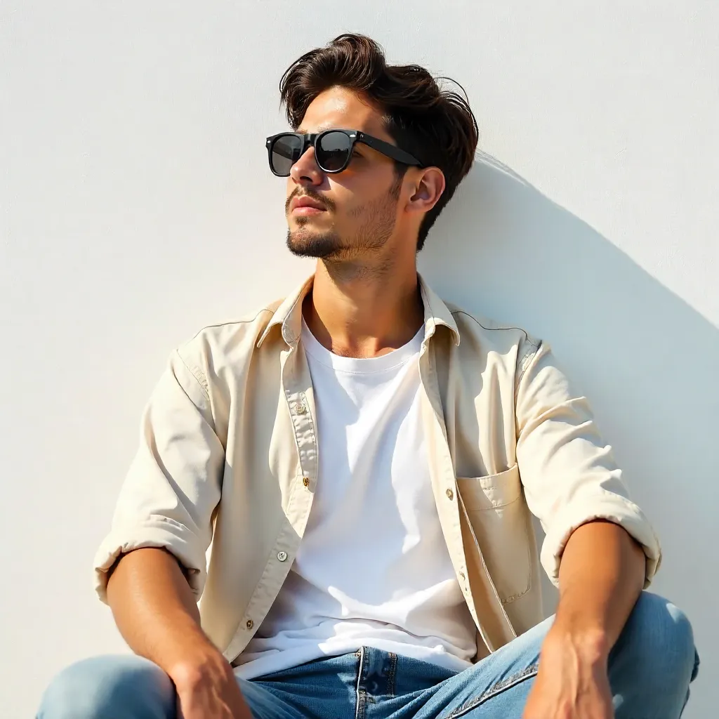 Leisure Time by a White Wall with Sunglasses