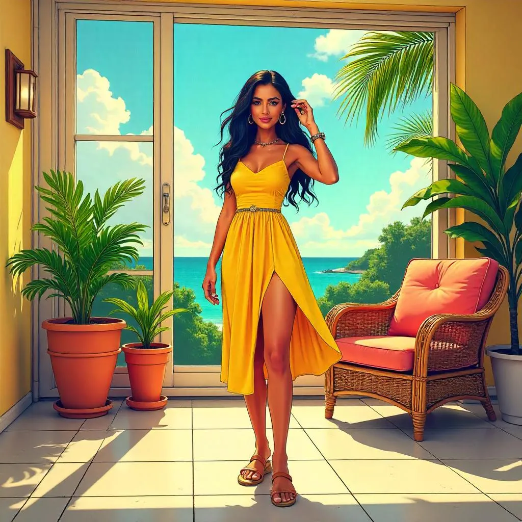 Sunlit Latina Heroine in a Comic Sunroom
