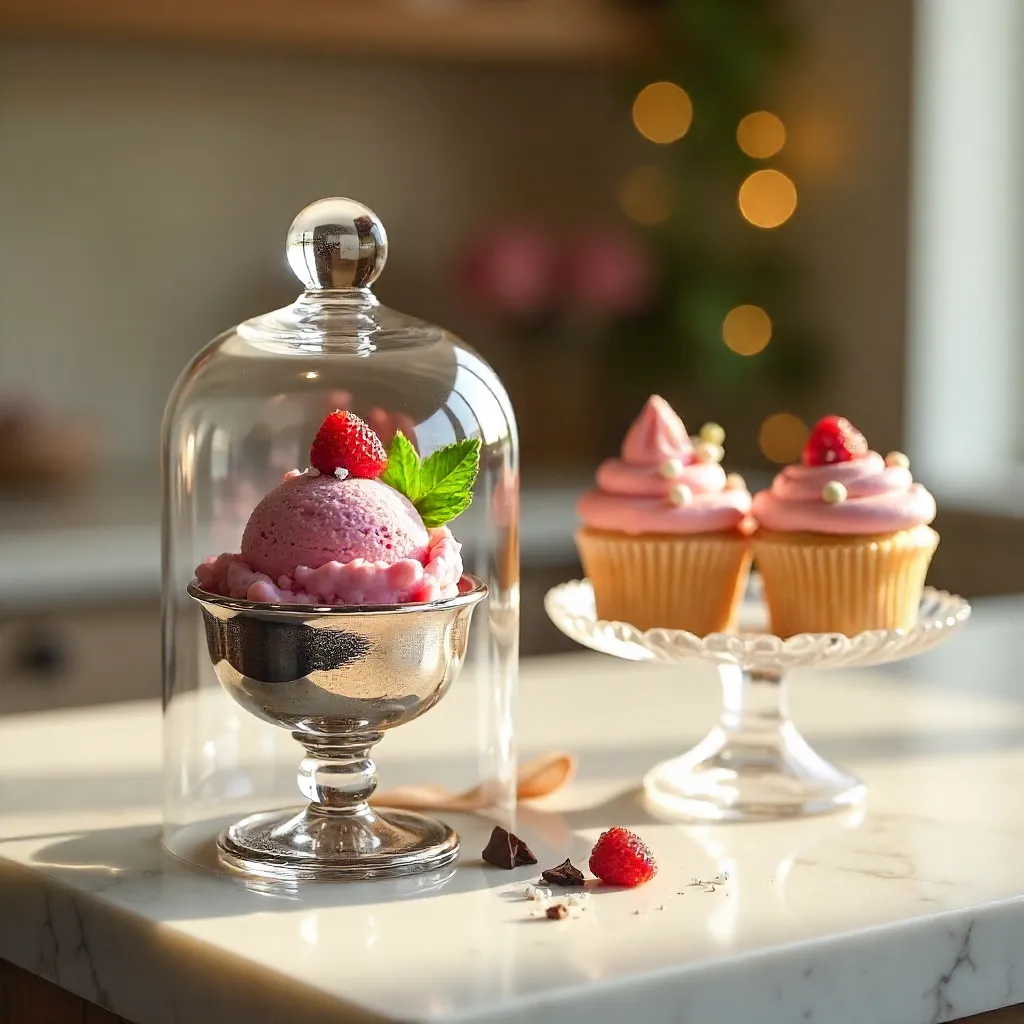 Elegant Artisan Dessert Display: Strawberry Ice Cream & Cupcakes