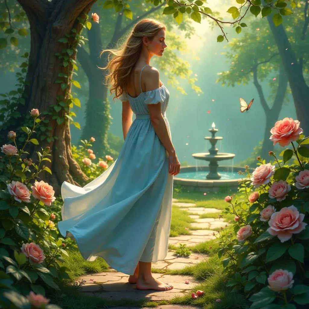 Garden Concept Art: Young White Woman Among Blossoms