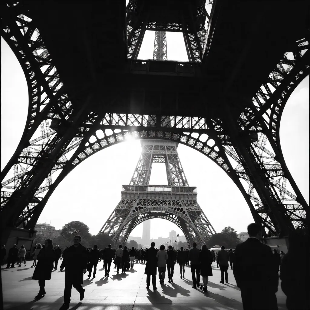 Beneath the Eiffel Tower: Monochrome Crowd