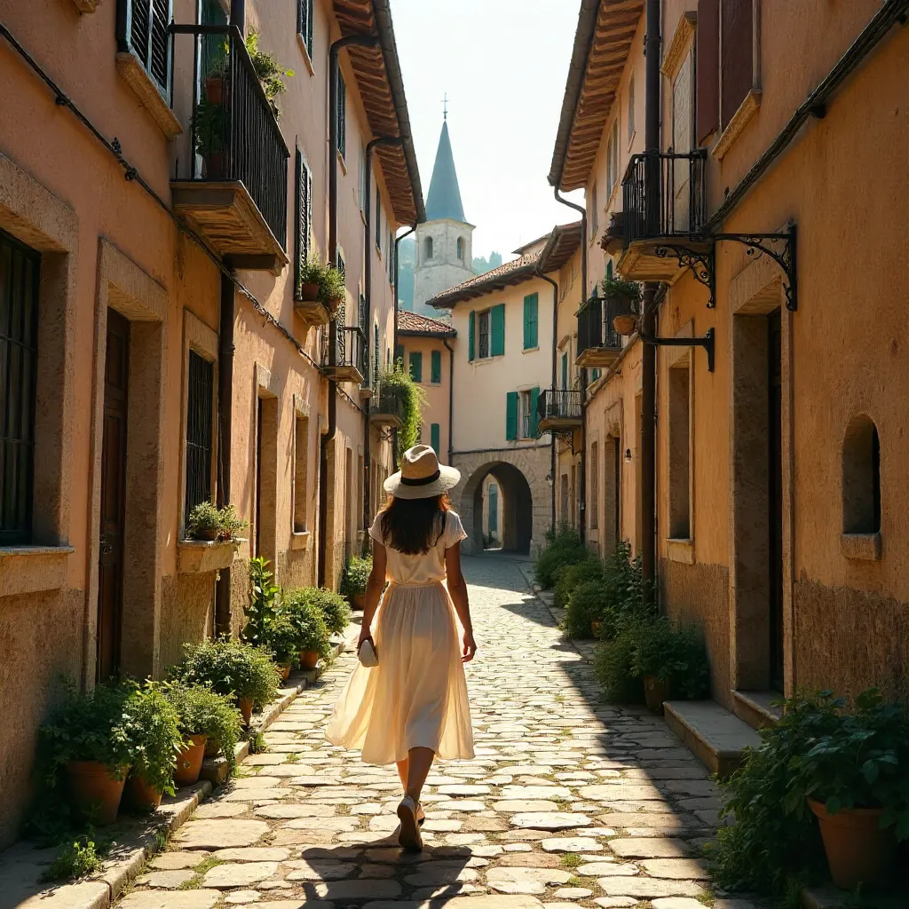 Sunlit Stroll Through a Narrow European Village Lane