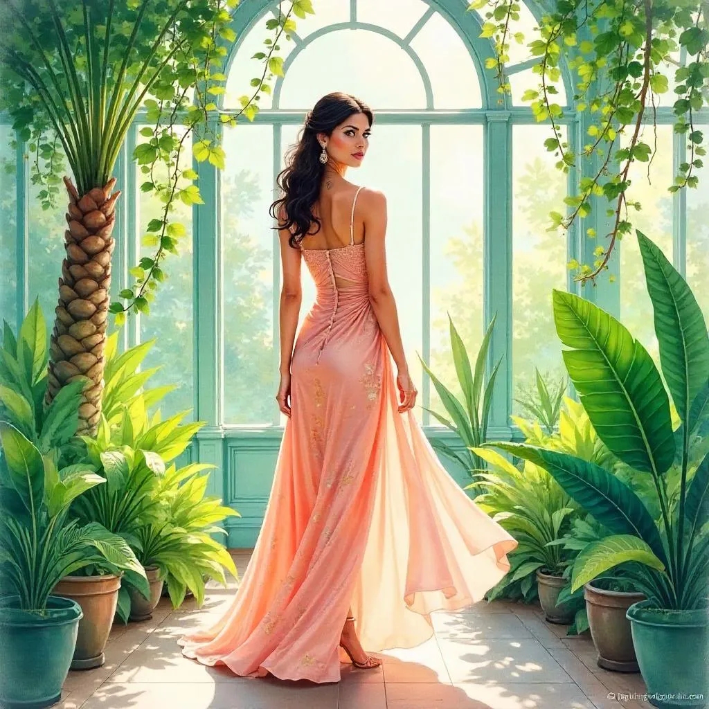 Elegant Latina Woman in a Watercolor Conservatory