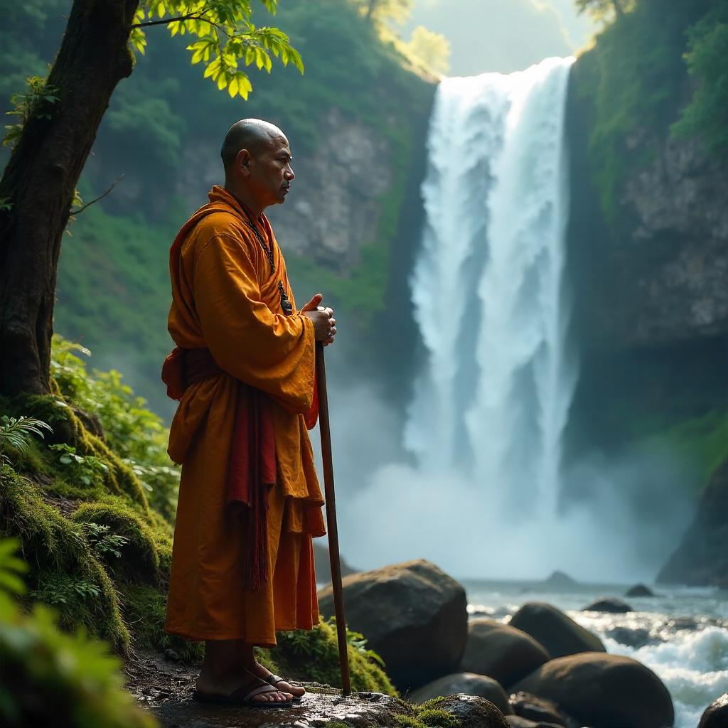 Monk by the Waterfall in Mist