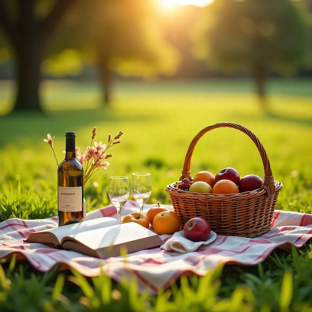Calm Outdoor Picnic: Wine, Fruits, & Book