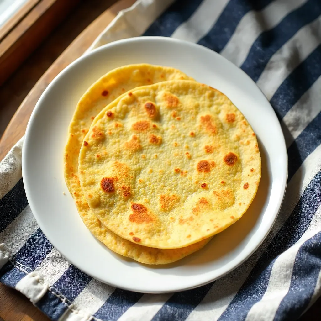 Two Corn Tortillas on a White Plate on Striped Fabric