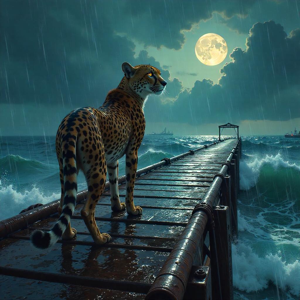 Cheetah Concept Art on a Rain-Slick Pier