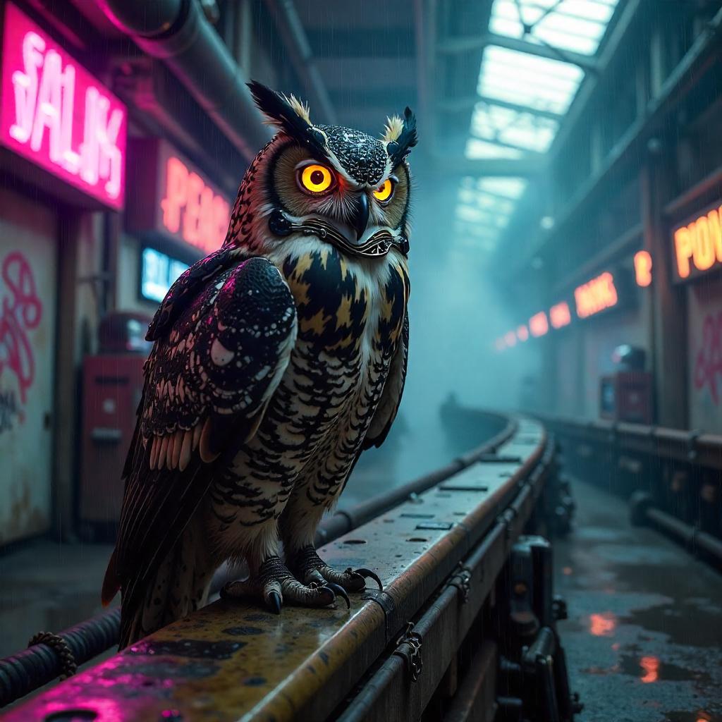 Owl in Neon Steel: A Cyberpunk Factory Scene
