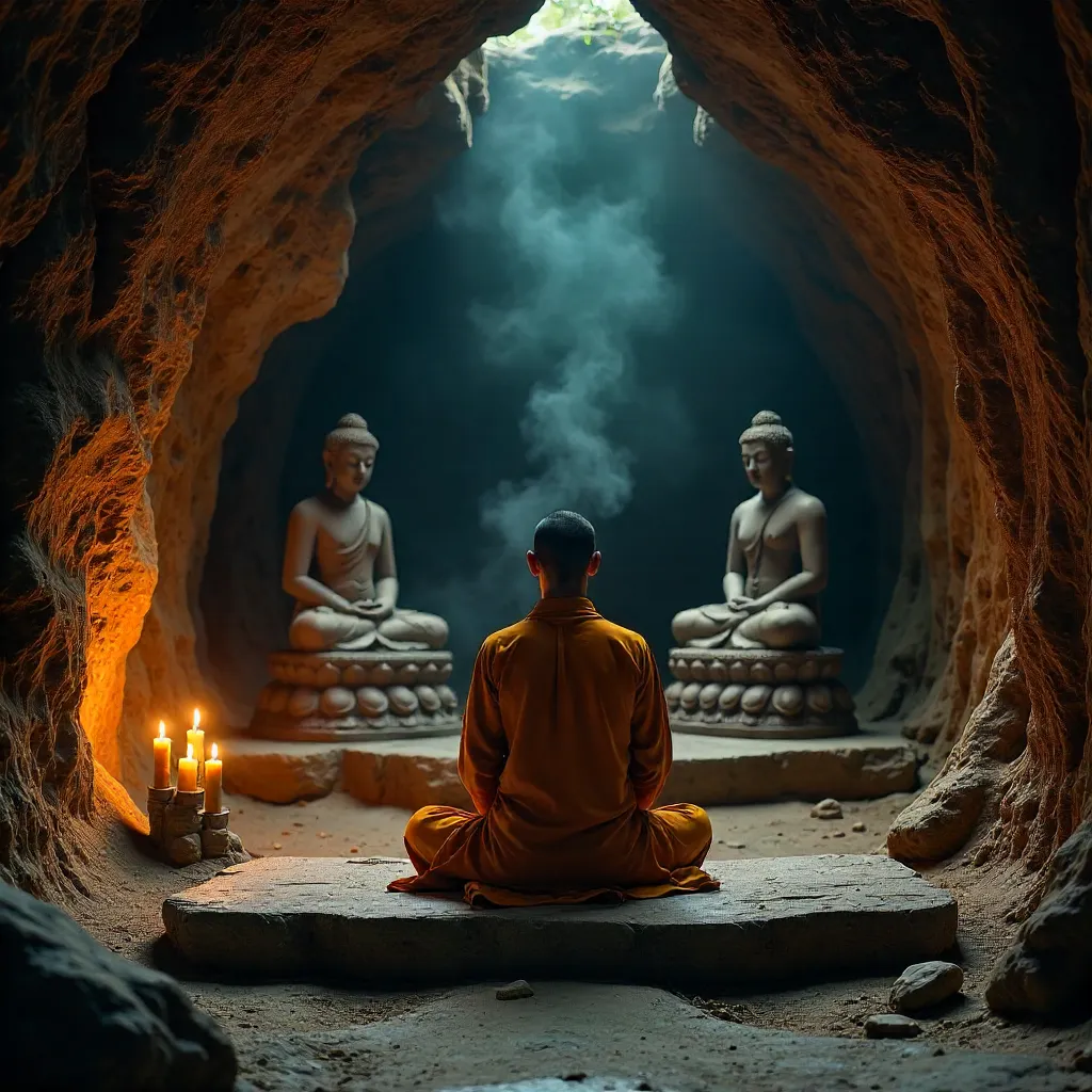 Solitary Monk Meditating in a Candlelit Cave Temple