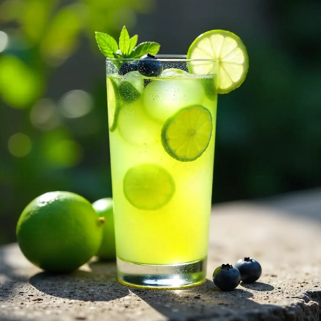 Lime-Cucumber Blueberry Cooler on Concrete