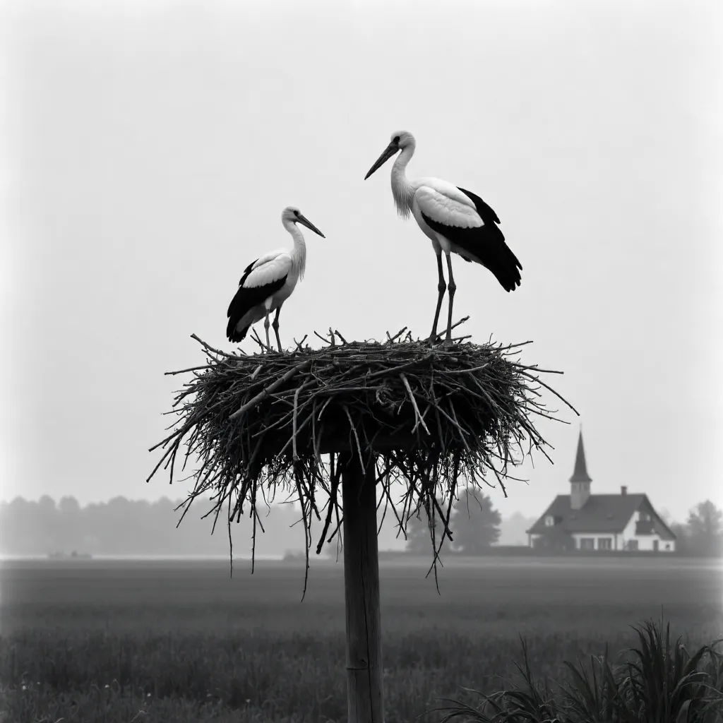 Monochrome Stork Pair on a German Nest