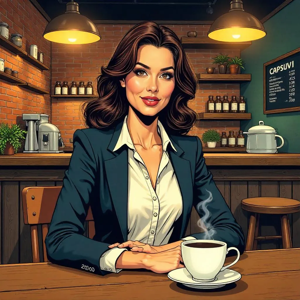 Elegant Woman in a Coffee Shop - Comic Style