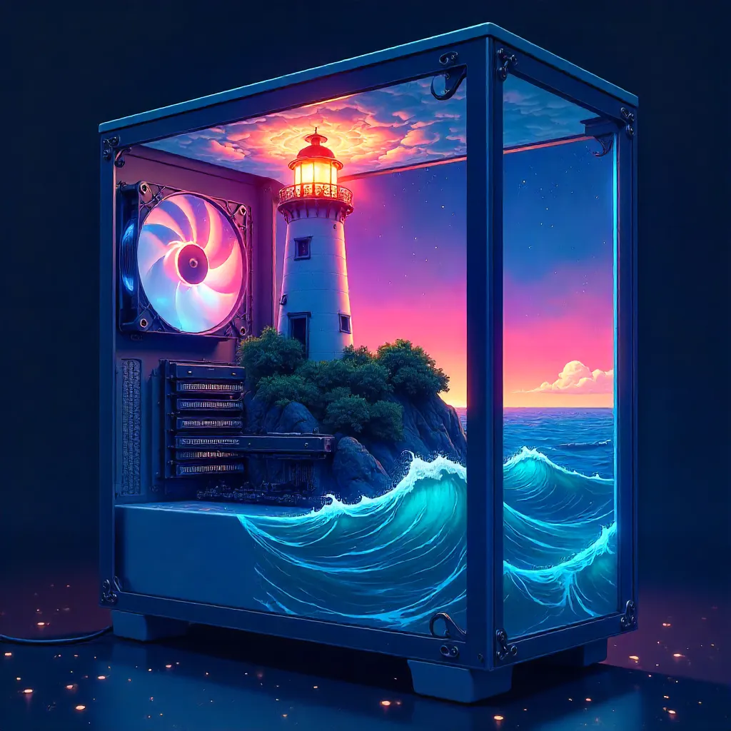 Lighthouse in a Neon Computer Reef