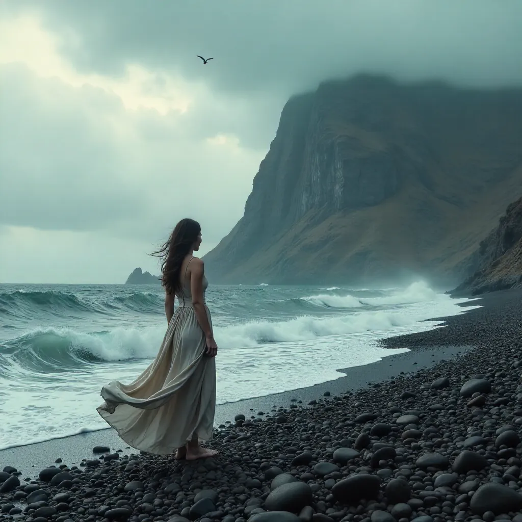 Woman by the Ocean with a Mountain under Cloudy Skies