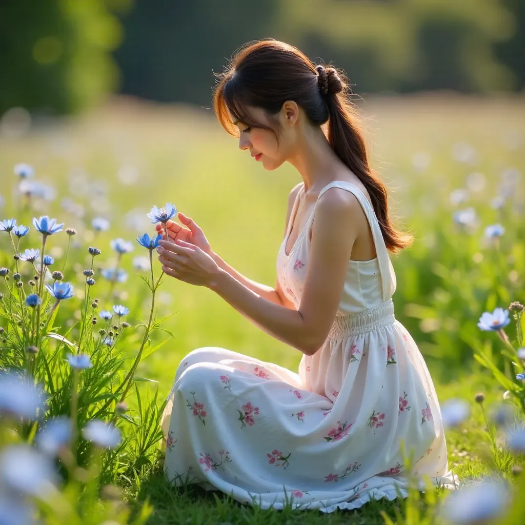 Kneeling in a Meadow: White Floral Dress with Pink Flowers