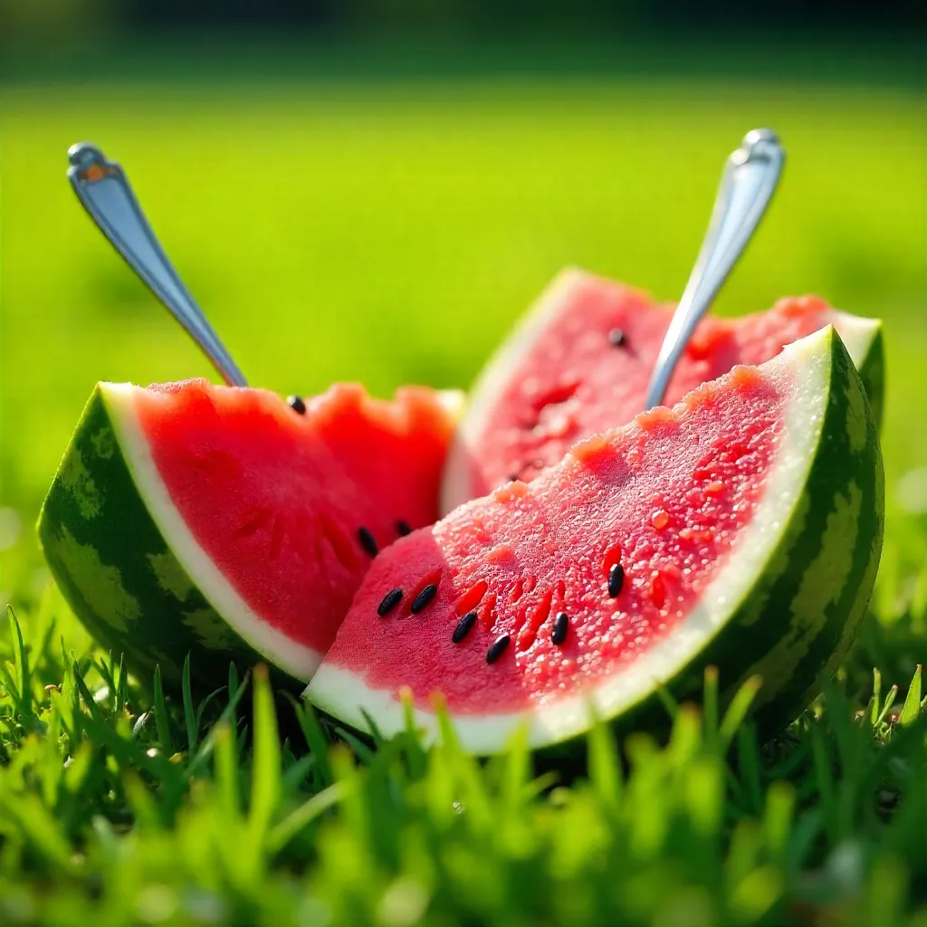 Sunlit Watermelon Halves on Grass with Spoons