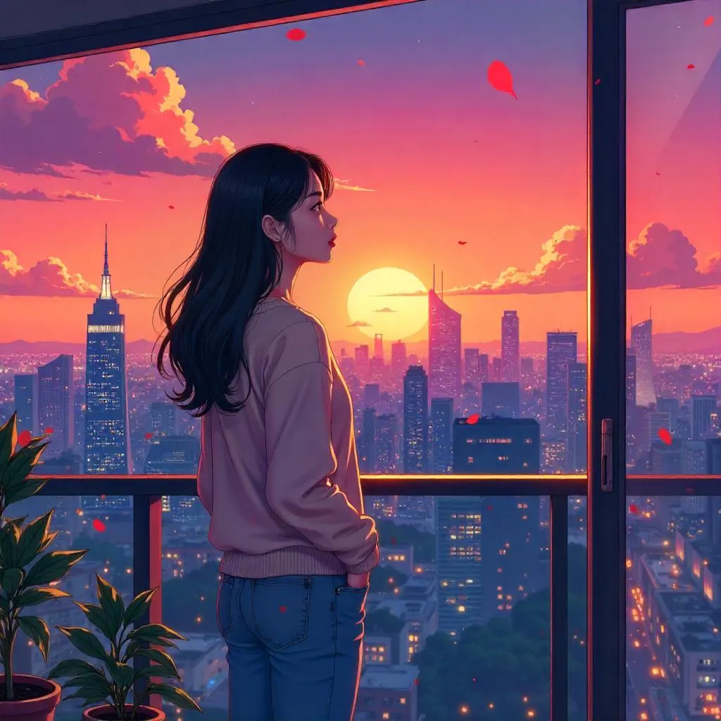 Anime Balcony Scene: Adult Asian Woman in Sunset