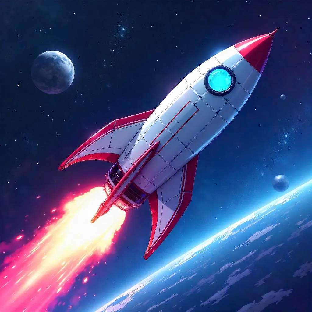Anime-Style Rocket in Space: Neon Cosmic Flight