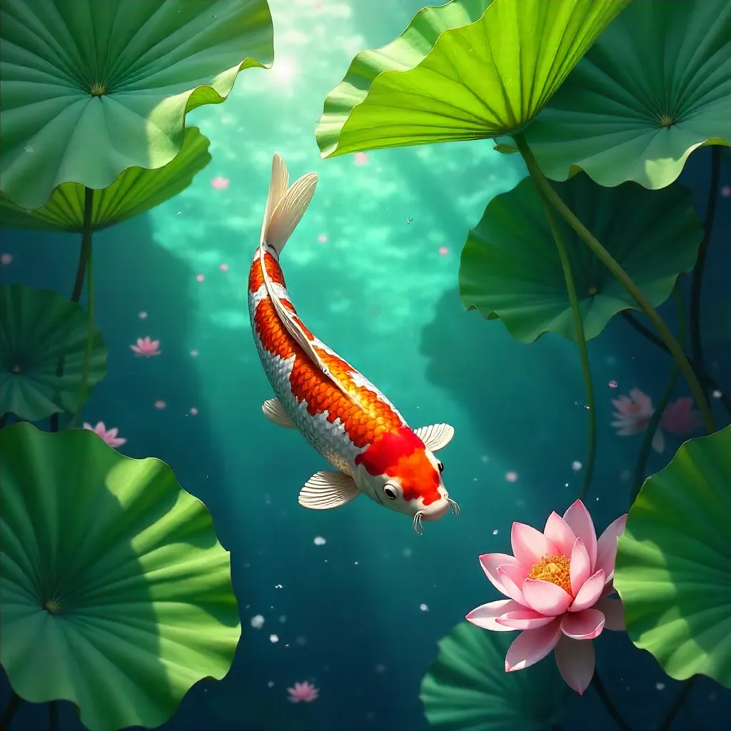 Koi Beneath Lotus Leaves in a Tranquil Pond