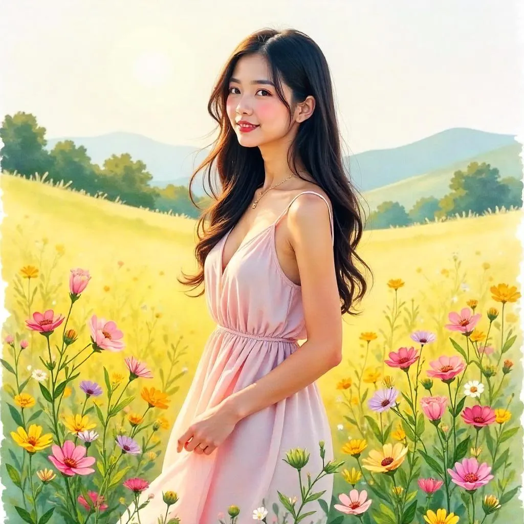 Watercolor Portrait of a Beautiful Asian Woman in Flowers