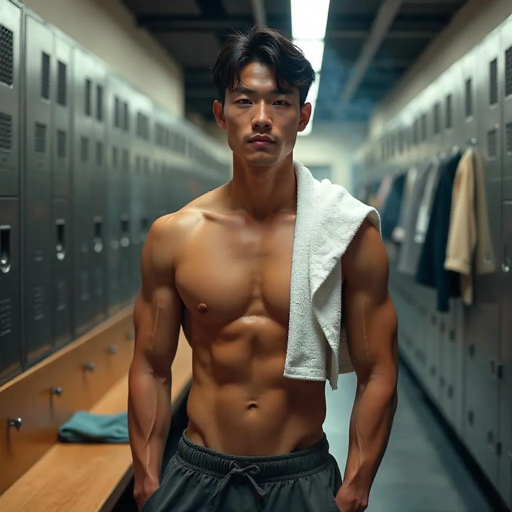 Photorealistic Young Asian Man in a Locker Room