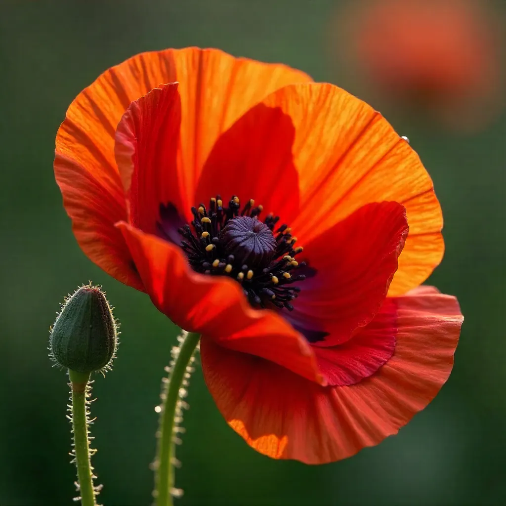 Macro Close-Up: Vibrant Red Poppy with Budding Stem