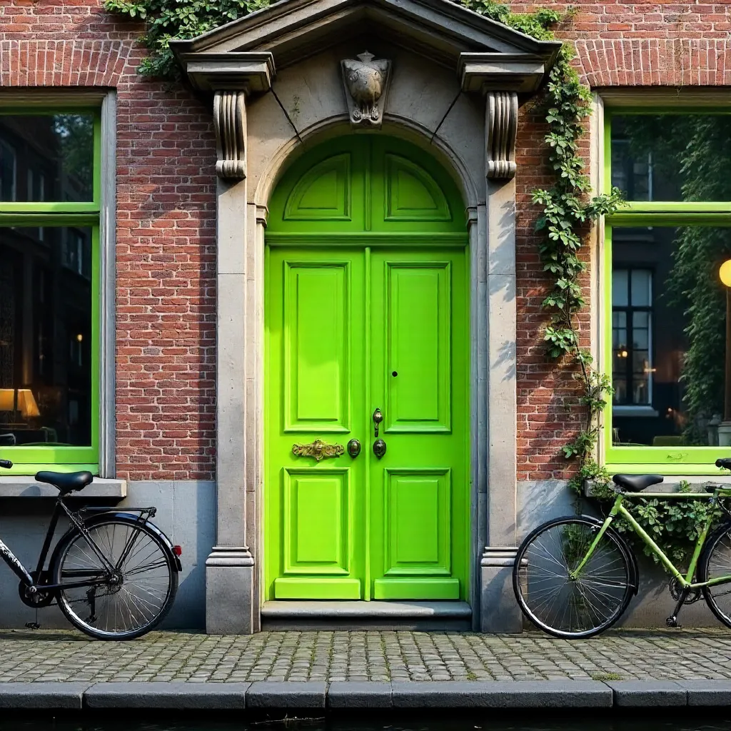 Lime Green Door on Bruges Historic Facade