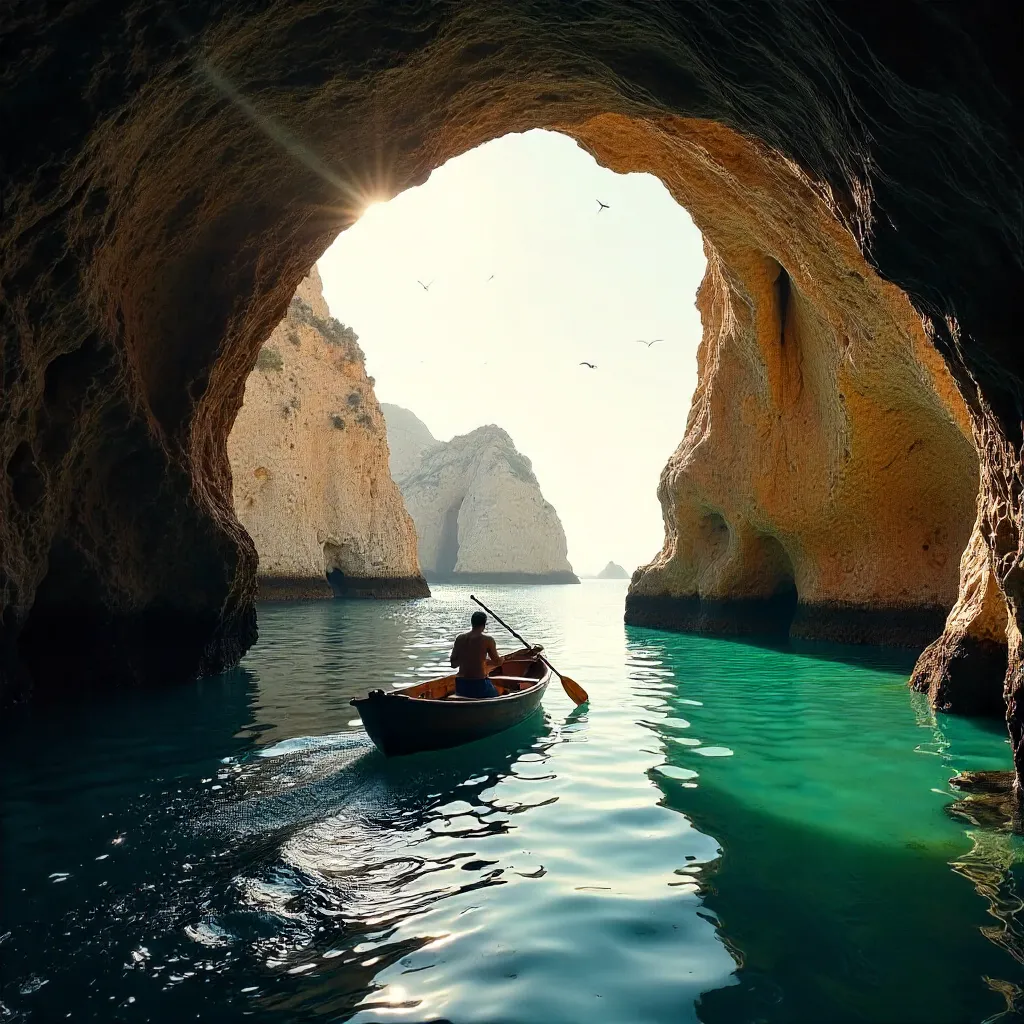 Boat Navigates Tranquil Atlantic from Carvoeiro Cave