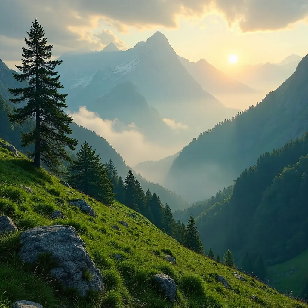 Mist-Shrouded Green Mountains at Dawn