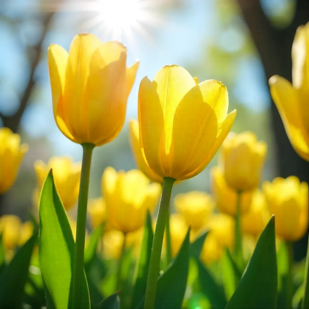 Low-Angle View of Yellow Tulips in Spring Sunshine