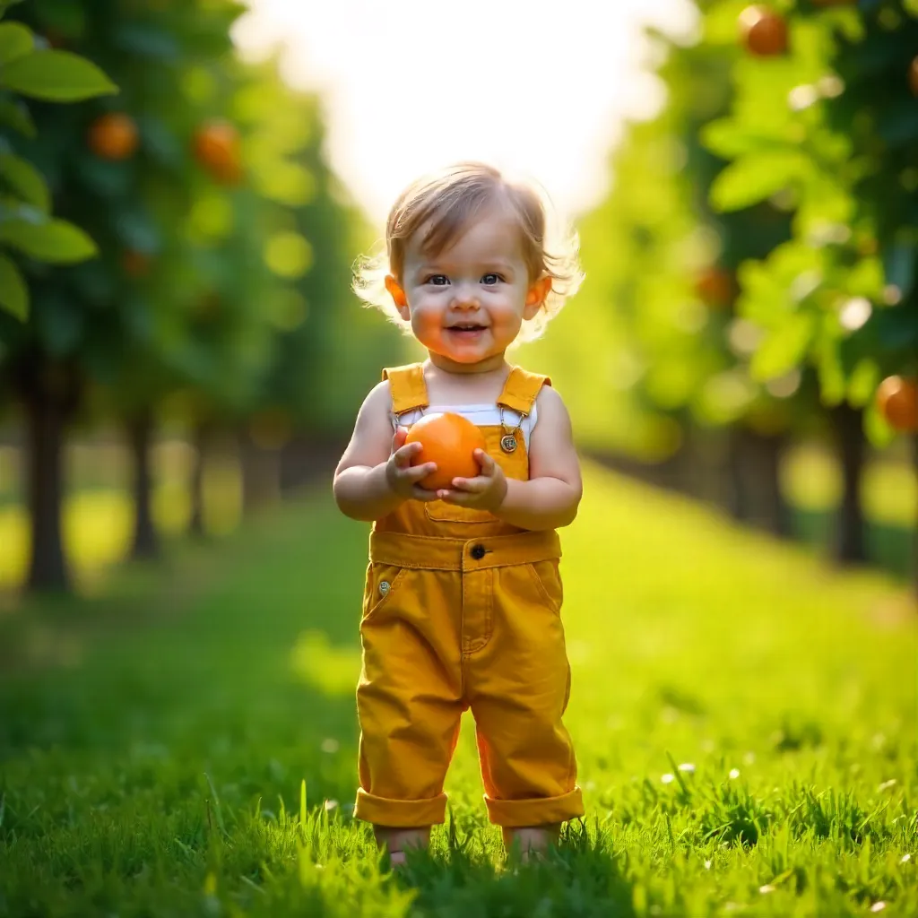 Sunny Orchard Kid in Yellow Overalls