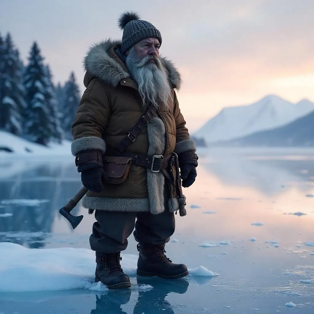 Photorealistic Dwarf on a Frozen Lake at Twilight