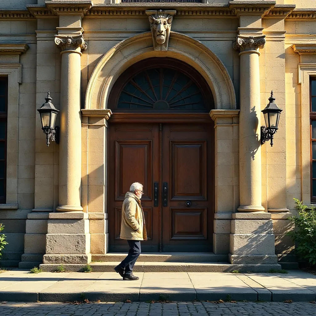 Elderly Visitor at Grand Stone Building Entrance