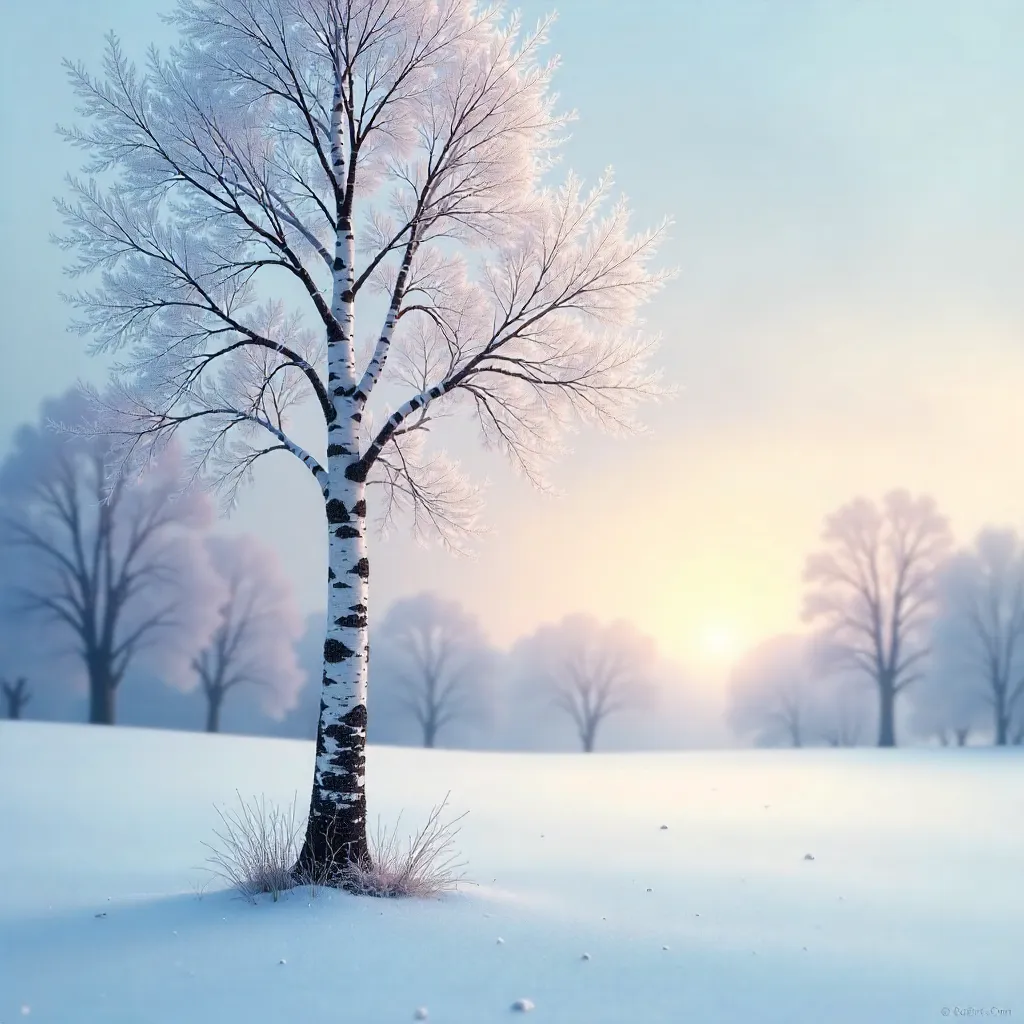 Lone Birch in a Dreamy Blurred Winter Landscape
